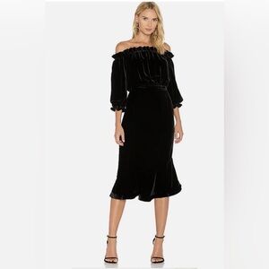Saloni Velvet Dress Grace Black Sz UK6 US2 $650 off shoulder midi fit & flare